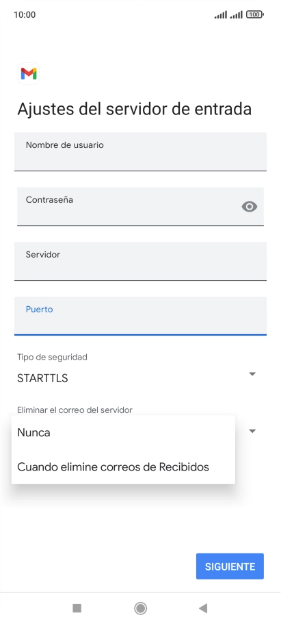 Pulsa Nunca para conservar los correos electrónicos en el servidor cuando los borras del teléfono.