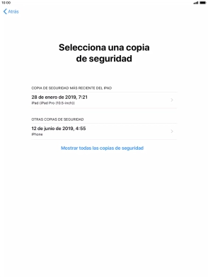 Pulsa la copia de seguridad deseada y espera mientras la tablet restaura el contenido anterior de la copia de seguridad seleccionada. Sigue a continuación las indicaciones de la pantalla para configurar la tablet y dejarla lista para su uso. Pulsa la copia de seguridad deseada y espera mientras la tablet restaura el contenido anterior de la copia de seguridad seleccionada. Sigue a continuación las indicaciones de la pantalla para configurar la tablet y dejarla lista para su uso.