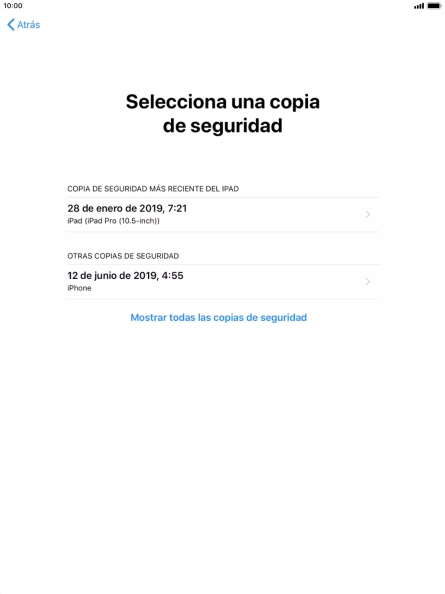 Pulsa la copia de seguridad deseada y espera mientras la tablet restaura el contenido anterior de la copia de seguridad seleccionada. Sigue a continuación las indicaciones de la pantalla para configurar la tablet y dejarla lista para su uso. Pulsa la copia de seguridad deseada y espera mientras la tablet restaura el contenido anterior de la copia de seguridad seleccionada. Sigue a continuación las indicaciones de la pantalla para configurar la tablet y dejarla lista para su uso.