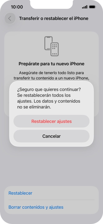 Pulsa Restablecer ajustes. Espera unos instantes mientras el teléfono restablece la configuración predeterminada. Sigue las indicaciones de la pantalla para configurar el teléfono y dejarlo listo para su uso. Pulsa Restablecer ajustes. Espera unos instantes mientras el teléfono restablece la configuración predeterminada. Sigue las indicaciones de la pantalla para configurar el teléfono y dejarlo listo para su uso.