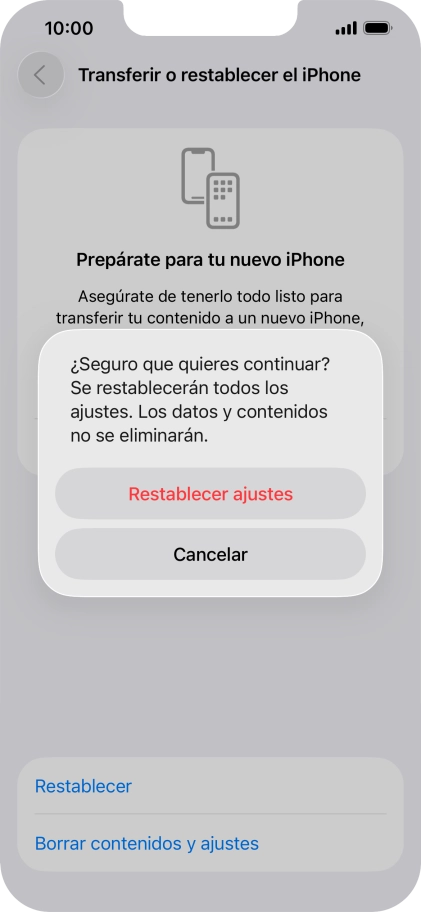 Pulsa Restablecer ajustes. Espera unos instantes mientras el teléfono restablece la configuración predeterminada. Sigue las indicaciones de la pantalla para configurar el teléfono y dejarlo listo para su uso. Pulsa Restablecer ajustes. Espera unos instantes mientras el teléfono restablece la configuración predeterminada. Sigue las indicaciones de la pantalla para configurar el teléfono y dejarlo listo para su uso.