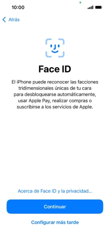 Sigue las indicaciones de la pantalla para activar el uso del reconocimiento facial (Face ID) o pulsa Configurar más tarde. Sigue las indicaciones de la pantalla para activar el uso del reconocimiento facial (Face ID) o pulsa Configurar más tarde.