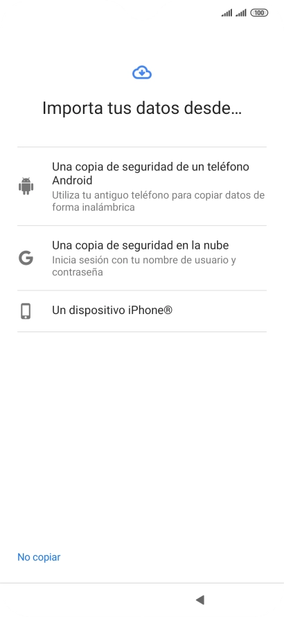 Pulsa el modo de transferencia deseado y sigue las indicaciones de la pantalla para transferir contenido desde el otro teléfono y finalizar la activación de tu teléfono. Pulsa el modo de transferencia deseado y sigue las indicaciones de la pantalla para transferir contenido desde el otro teléfono y finalizar la activación de tu teléfono.