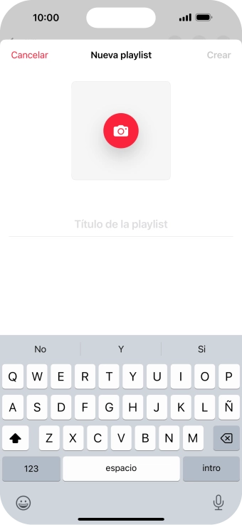 Pulsa en el campo de escritura e introduce el nombre de la lista de reproducción. Pulsa en el campo de escritura e introduce el nombre de la lista de reproducción.