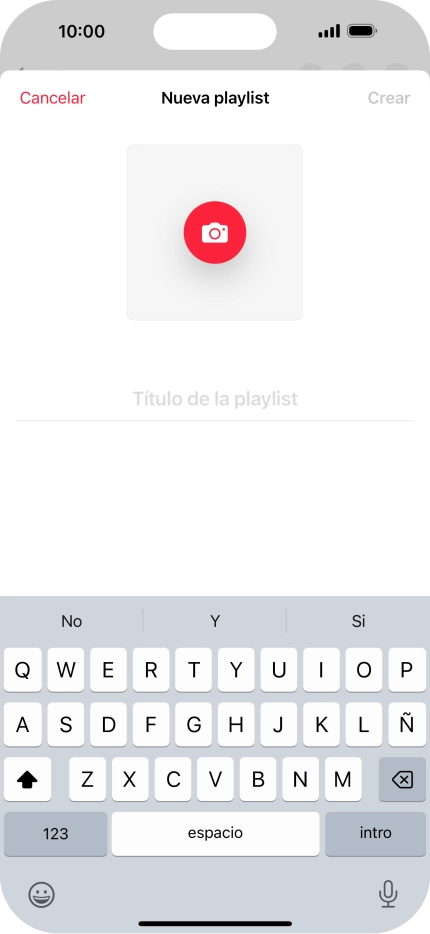 Pulsa en el campo de escritura e introduce el nombre de la lista de reproducción. Pulsa en el campo de escritura e introduce el nombre de la lista de reproducción.