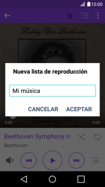 Introduce el nombre deseado de la lista de reproducción y pulsa ACEPTAR. Introduce el nombre deseado de la lista de reproducción y pulsa ACEPTAR.
