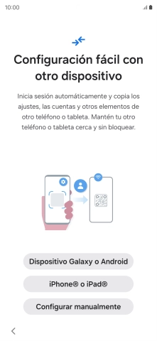 Pulsa la opción deseada para transferir contenido desde otro dispositivo y pulsa Configurar manualmente. Pulsa la opción deseada para transferir contenido desde otro dispositivo y pulsa Configurar manualmente.