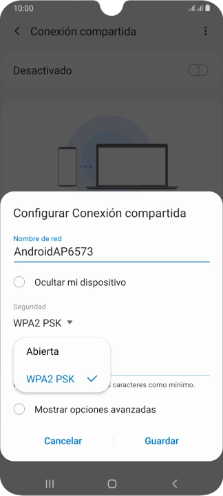 Pulsa WPA2 PSK para proteger la conexión wifi con una contraseña. Pulsa WPA2 PSK para proteger la conexión wifi con una contraseña.