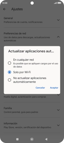 Para activar la actualización automática de apps a través de la red móvil, pulsa el campo junto a Para activar la actualización automática de apps a través de la red móvil, pulsa el campo junto a