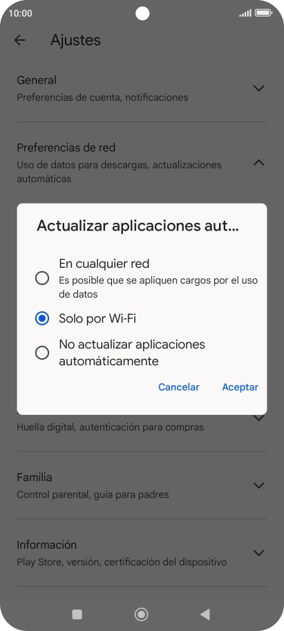 Para activar la actualización automática de apps a través de la red móvil, pulsa el campo junto a Para activar la actualización automática de apps a través de la red móvil, pulsa el campo junto a