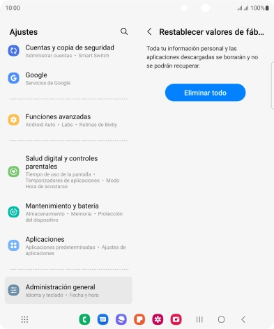 Pulsa Eliminar todo. Espera unos instantes mientras el teléfono restablece la configuración predeterminada. Sigue las indicaciones de la pantalla para configurar el teléfono y dejarlo listo para su uso. Pulsa Eliminar todo. Espera unos instantes mientras el teléfono restablece la configuración predeterminada. Sigue las indicaciones de la pantalla para configurar el teléfono y dejarlo listo para su uso.