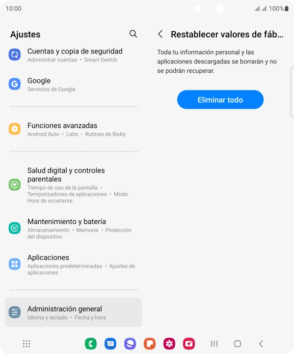 Pulsa Eliminar todo. Espera unos instantes mientras el teléfono restablece la configuración predeterminada. Sigue las indicaciones de la pantalla para configurar el teléfono y dejarlo listo para su uso. Pulsa Eliminar todo. Espera unos instantes mientras el teléfono restablece la configuración predeterminada. Sigue las indicaciones de la pantalla para configurar el teléfono y dejarlo listo para su uso.