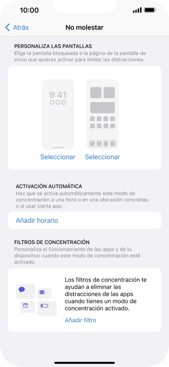 Pulsa Añadir horario y sigue las indicaciones de la pantalla para seleccionar los ajustes de la activación automática de No molestar. Pulsa Añadir horario y sigue las indicaciones de la pantalla para seleccionar los ajustes de la activación automática de No molestar.