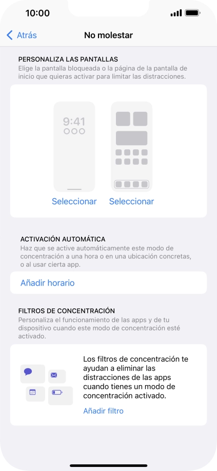 Pulsa Añadir horario y sigue las indicaciones de la pantalla para seleccionar los ajustes de la activación automática de No molestar. Pulsa Añadir horario y sigue las indicaciones de la pantalla para seleccionar los ajustes de la activación automática de No molestar.
