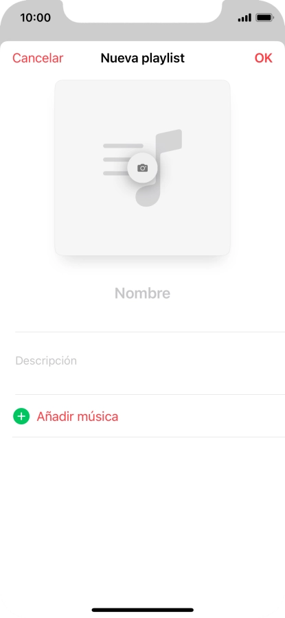 Pulsa en el campo de escritura e introduce el nombre de la lista de reproducción. Pulsa en el campo de escritura e introduce el nombre de la lista de reproducción.