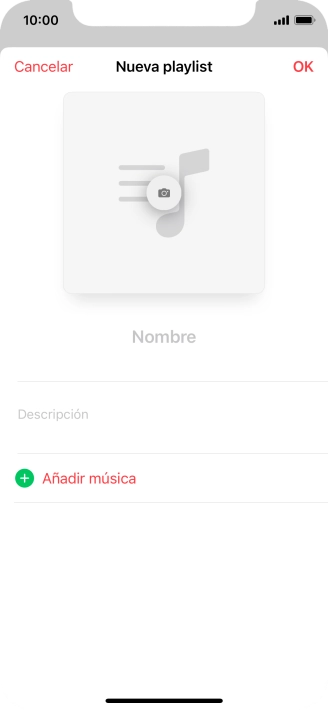 Pulsa en el campo de escritura e introduce el nombre de la lista de reproducción. Pulsa en el campo de escritura e introduce el nombre de la lista de reproducción.