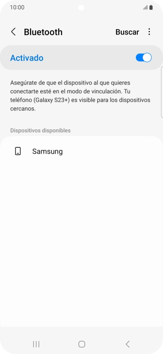 Pulsa el dispositivo Bluetooth deseado y sigue las indicaciones de la pantalla para vincular el dispositivo al teléfono. Pulsa el dispositivo Bluetooth deseado y sigue las indicaciones de la pantalla para vincular el dispositivo al teléfono.