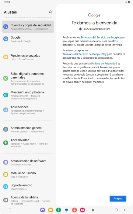 Pulsa Acepto y sigue las indicaciones de la pantalla para seleccionar los ajustes de tu cuenta de Google. Pulsa Acepto y sigue las indicaciones de la pantalla para seleccionar los ajustes de tu cuenta de Google.