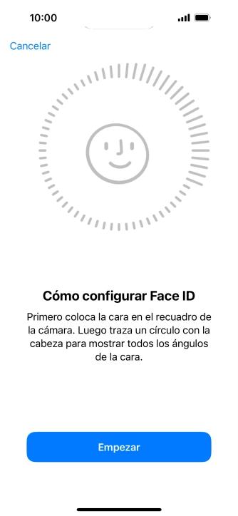 Pulsa Empezar y sigue las indicaciones de la pantalla para crear un código de seguridad con la función de reconocimiento facial (Face ID). Pulsa Empezar y sigue las indicaciones de la pantalla para crear un código de seguridad con la función de reconocimiento facial (Face ID).