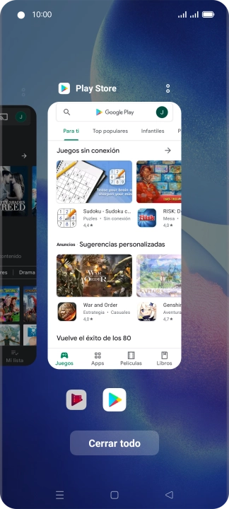 Para cerrar una sola aplicación en ejecución, desliza el dedo hacia arriba sobre la aplicación deseada. Para cerrar una sola aplicación en ejecución, desliza el dedo hacia arriba sobre la aplicación deseada.