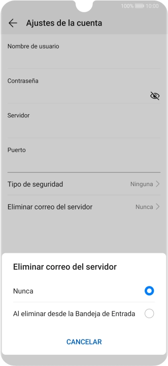 Pulsa Nunca para conservar los correos electrónicos en el servidor cuando los borras del teléfono.