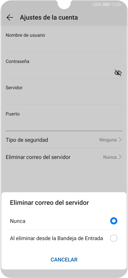 Pulsa Nunca para conservar los correos electrónicos en el servidor cuando los borras del teléfono.