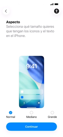 Selecciona el tamaño de letra y de los iconos que debe tener el teléfono y pulsa Continuar. Selecciona el tamaño de letra y de los iconos que debe tener el teléfono y pulsa Continuar.