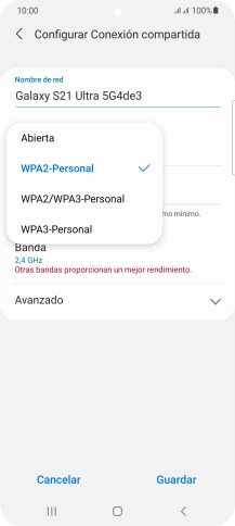 Pulsa WPA2/WPA3-Personal para proteger la conexión wifi con una contraseña.