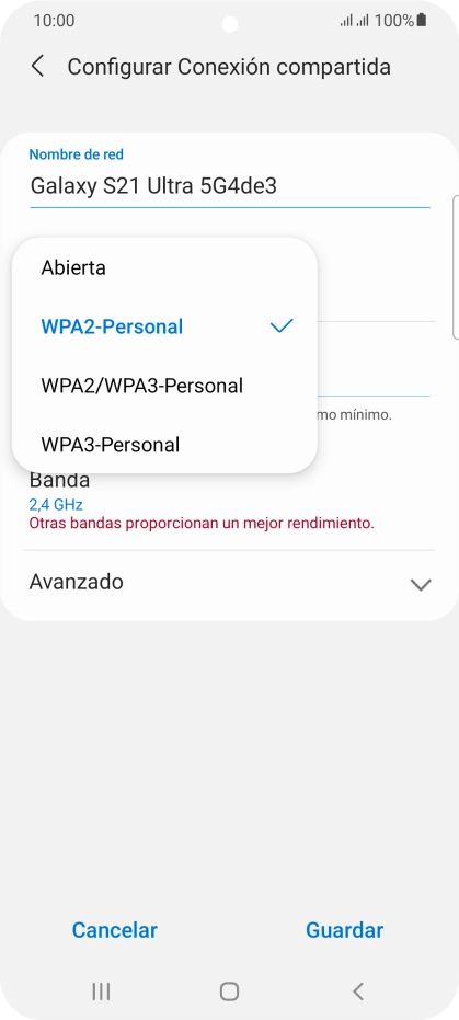 Pulsa WPA2/WPA3-Personal para proteger la conexión wifi con una contraseña.