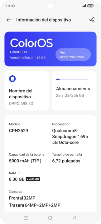 Pulsa ColorOS. Si hay una versión de software nueva disponible, aparecerá ahora en la pantalla. Sigue las indicaciones de la pantalla para actualizar el software del teléfono. Pulsa ColorOS. Si hay una versión de software nueva disponible, aparecerá ahora en la pantalla. Sigue las indicaciones de la pantalla para actualizar el software del teléfono.