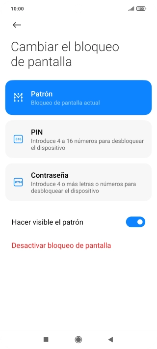 Pulsa Desactivar bloqueo de pantalla e introduce el código de seguridad actual. Pulsa Desactivar bloqueo de pantalla e introduce el código de seguridad actual.