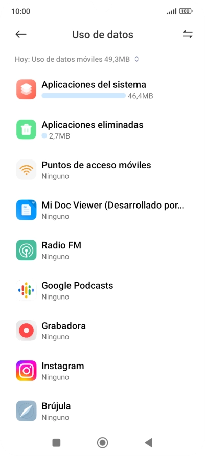 El consumo de datos por cada aplicación aparece bajo el nombre de la aplicación. El consumo de datos por cada aplicación aparece bajo el nombre de la aplicación.