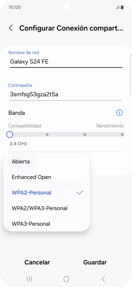 Pulsa WPA3-Personal para proteger la conexión wifi con una contraseña.