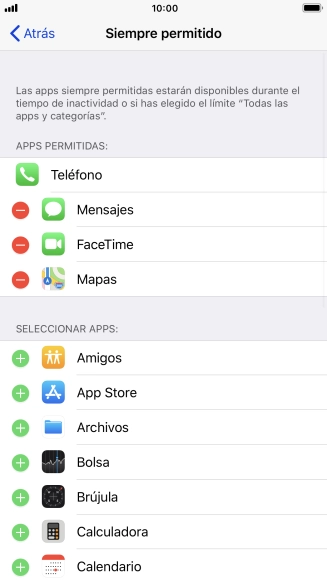 Pulsa el icono de añadir junto a la app deseada para añadirla a la lista de apps permitidas bajo el tiempo de inactividad de pantalla. Pulsa el icono de añadir junto a la app deseada para añadirla a la lista de apps permitidas bajo el tiempo de inactividad de pantalla.