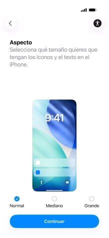 Selecciona el tamaño de letra y de los iconos que debe tener el teléfono y pulsa Continuar. Selecciona el tamaño de letra y de los iconos que debe tener el teléfono y pulsa Continuar.