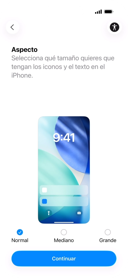 Selecciona el tamaño de letra y de los iconos que debe tener el teléfono y pulsa Continuar. Selecciona el tamaño de letra y de los iconos que debe tener el teléfono y pulsa Continuar.