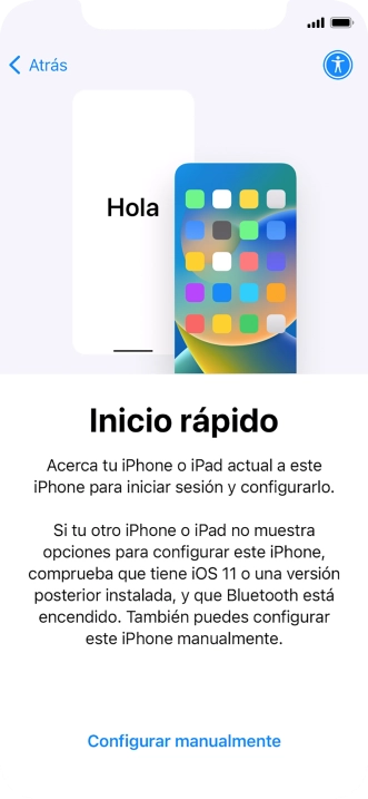 Sigue las indicaciones de la pantalla para transferir contenido de otro dispositivo iOS11 o con una versión más reciente o pulsa Configurar manualmente. Sigue las indicaciones de la pantalla para transferir contenido de otro dispositivo iOS11 o con una versión más reciente o pulsa Configurar manualmente.