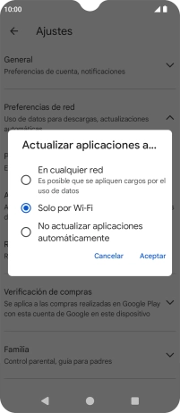 Para activar la actualización automática de apps utilizando la red móvil, pulsa En cualquier red. Para activar la actualización automática de apps utilizando la red móvil, pulsa En cualquier red.