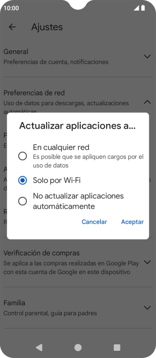 Para activar la actualización automática de apps utilizando la red móvil, pulsa En cualquier red. Para activar la actualización automática de apps utilizando la red móvil, pulsa En cualquier red.