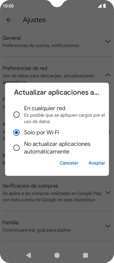 Para activar la actualización automática de apps utilizando la red móvil, pulsa En cualquier red. Para activar la actualización automática de apps utilizando la red móvil, pulsa En cualquier red.