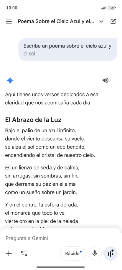 A Gemini le puedes pedir que genere un texto a partir de una descripción tuya. A Gemini le puedes pedir que genere un texto a partir de una descripción tuya.