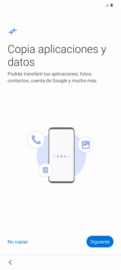 Puedes transferir el contenido de otro teléfono cuando activas tu teléfono por primera vez y cuando lo has restablecido. Cuando aparezca en la pantalla del teléfono esta imagen, ya está listo para la transmisión del contenido del otro teléfono. Puedes transferir el contenido de otro teléfono cuando activas tu teléfono por primera vez y cuando lo has restablecido. Cuando aparezca en la pantalla del teléfono esta imagen, ya está listo para la transmisión del contenido del otro teléfono.