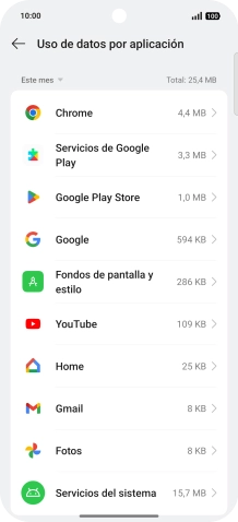 El consumo de datos por cada aplicación aparece bajo el nombre de la aplicación. El consumo de datos por cada aplicación aparece bajo el nombre de la aplicación.