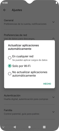 Para activar la actualización automática de apps utilizando la red móvil, pulsa En cualquier red. Para activar la actualización automática de apps utilizando la red móvil, pulsa En cualquier red.
