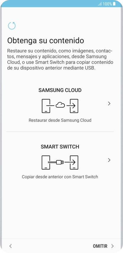 Puedes transferir el contenido de otro teléfono cuando activas tu teléfono por primera vez y cuando lo has restablecido. Cuando aparezca en la pantalla del teléfono esta imagen, ya está listo para la transmisión del contenido del otro teléfono.