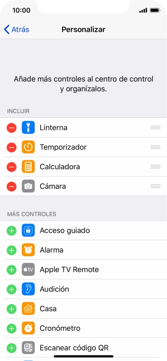 Pulsa el icono de eliminar junto a la función deseada para eliminarla del Centro de control. Pulsa el icono de eliminar junto a la función deseada para eliminarla del Centro de control.