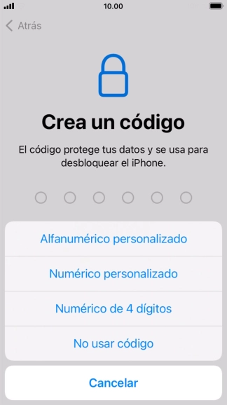 Sigue las indicaciones de la pantalla para activar el uso del código de seguridad o pulsa No usar código.