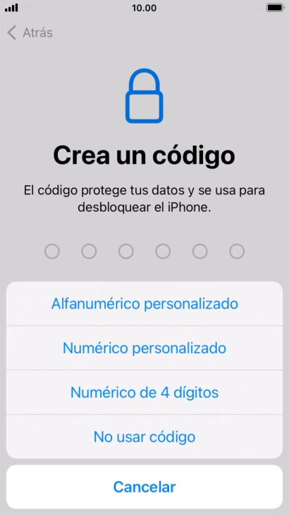 Sigue las indicaciones de la pantalla para activar el uso del código de seguridad o pulsa No usar código.