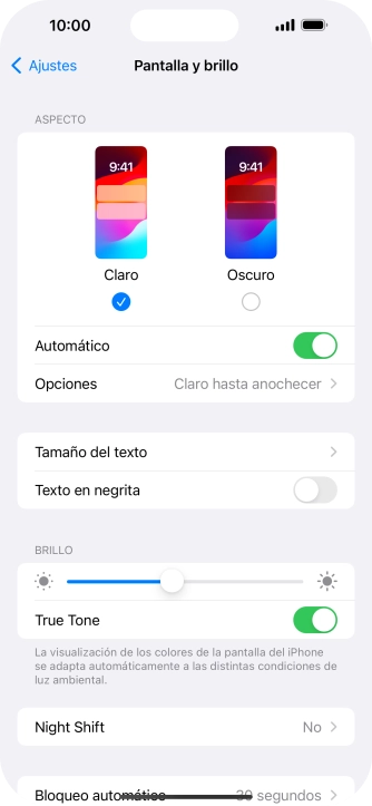Si activas la función, pulsa Opciones y sigue las indicaciones de la pantalla para seleccionar el período de tiempo que debe durar el Modo Oscuro. Si activas la función, pulsa Opciones y sigue las indicaciones de la pantalla para seleccionar el período de tiempo que debe durar el Modo Oscuro.