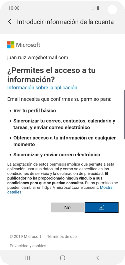 Si aparece en la pantalla esta imagen, tu cuenta de correo electrónico ha sido reconocida y configurada automáticamente. Sigue las indicaciones de la pantalla para introducir más información y terminar la configuración. Si aparece en la pantalla esta imagen, tu cuenta de correo electrónico ha sido reconocida y configurada automáticamente. Sigue las indicaciones de la pantalla para introducir más información y terminar la configuración.